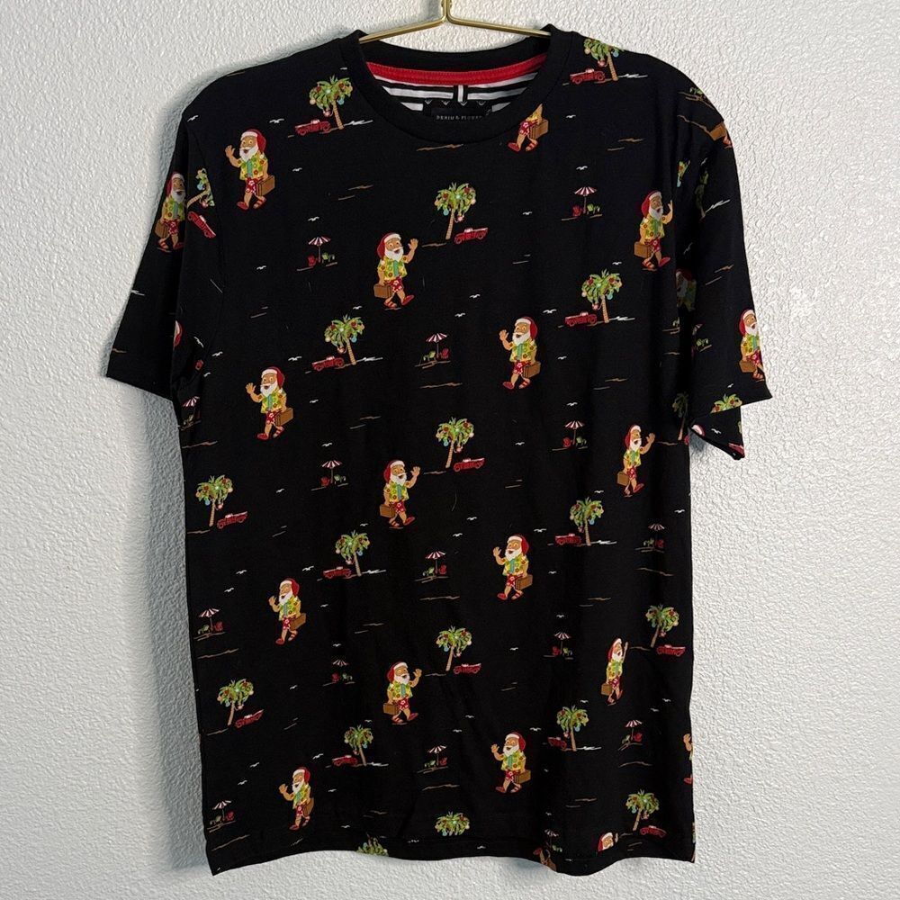 Denim & Flower Black Tee with Fun Santa Tropical Print- Medium